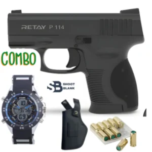 Retay P114 9MM Blank Gun Combo with Watch, 10 Blanks, and Holster available at Shoot Blank by 1 Stop Security, South Africa