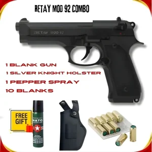 Retay MOD 92 blank gun black combo with Beretta 92 style design, including blank firing pistol, Silver Knight holster, pepper spray free gift, and 9mm P.A.K blank bullets for non-lethal defense
