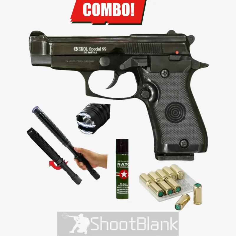 Ekol Special 99 Cal 9mm Black, Stun Gun, Peper spray, Holster | 10 Blanks – Complete Self-Defense Kit 1 Ekol Special 99 Cal 9mm Black