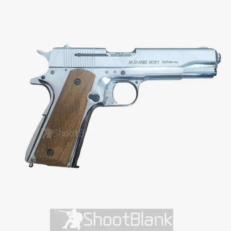 AKSA Arms AK1911 Chrome Blank Gun 1 AKSA Arms AK1911 Chrome Blank Gun 9mm P.A.K 1911 style blank firing pistol