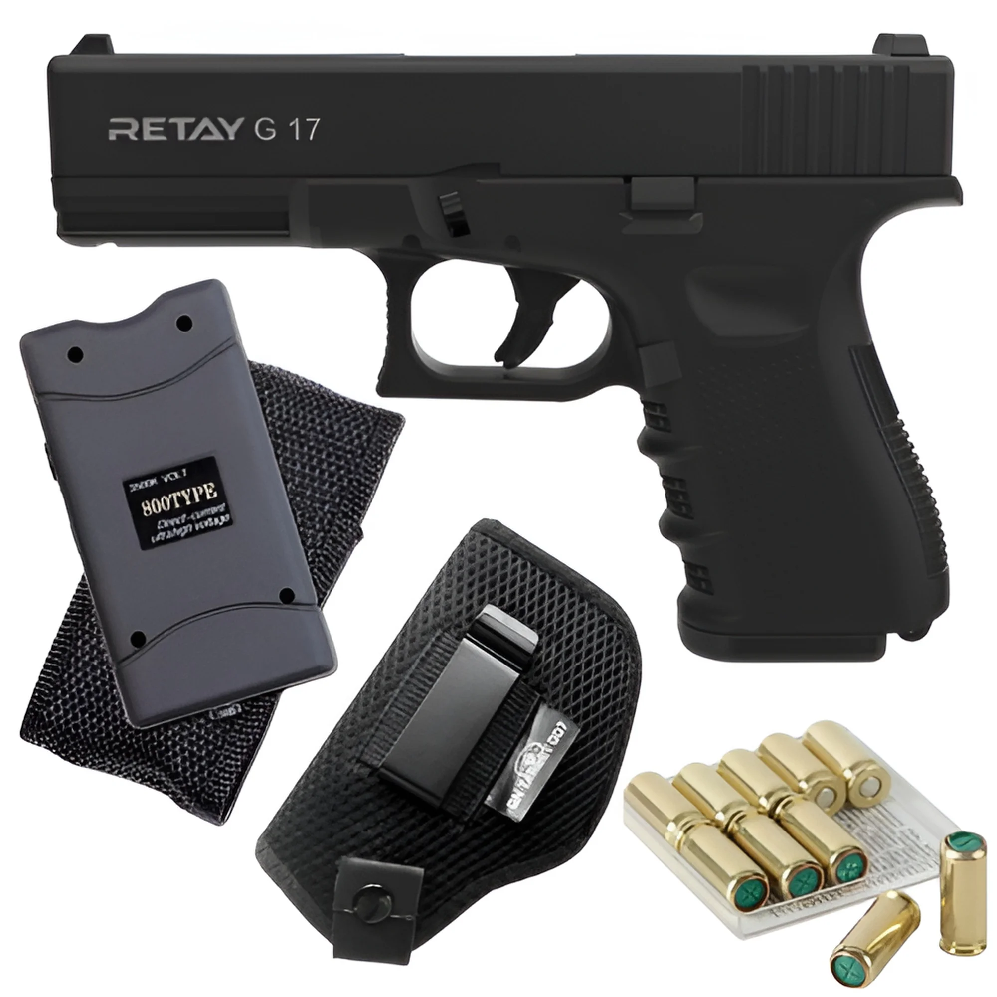 Retay G17 Blank Gun Black with 10 blanks stun gun, Holster 1 Blow F92 Beretta Blank Gun with Blanks, Holster and Stun Gun