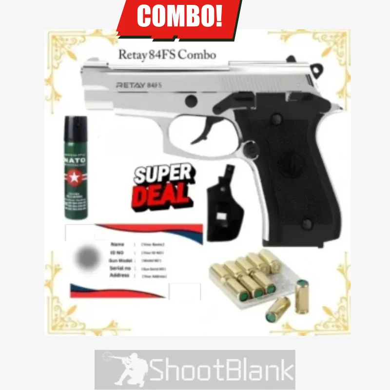 Retay 84fs Chrome Blank Gun with Holster, Pepper Spray, Permit, &10 Bullets 1 Retay 84fs Chrome Blank Gun with Holster, Pepper Spray, Permit, &10 Bullets