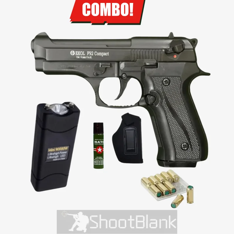 Ekol F92 Compact Stun Gun, 10 Blanks, Pepper Spray | Holster Combo – Self-Defense Kit