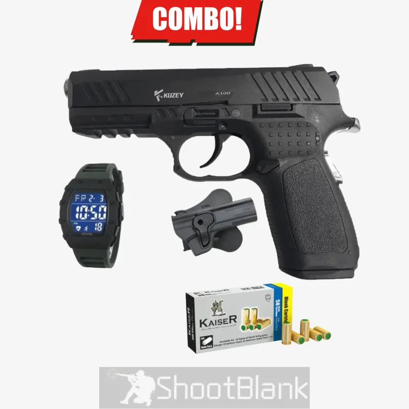Kuzey A100 Blank Gun black, with Watch, Holster, 50 Bullets , & Card Permit 1 Kuzey A100 Blank Gun black, with Watch, Holster, 50 Bullets , & Card Permit