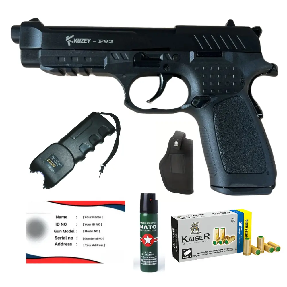 Kuzey F92 Blank Gun, Taser, Card Permit, Pepper Spray, 50 Bullets & Holster 1 Kuzey F92 Blank Gun, Taser, Card Permit, Pepper Spray, 50 Bullets & Holster