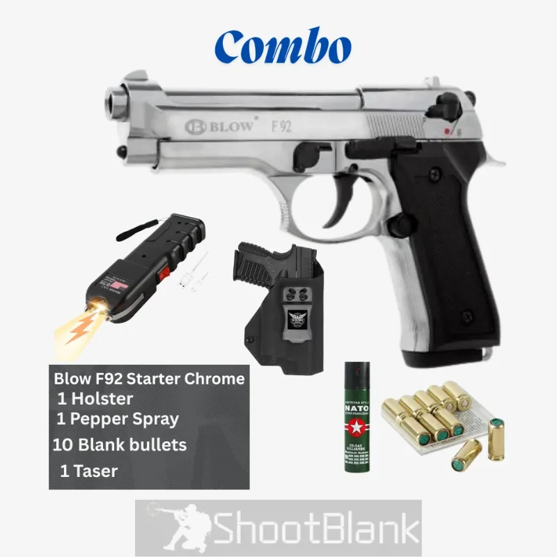 Blow F92 Starter Chrome with Holster, Pepper Spray, Blank Bullets, and Taser