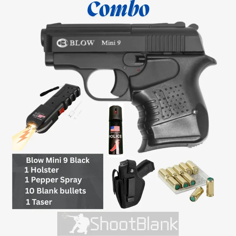 Blow Mini 9 Blank gun Black with Holster, Pepper Spray, Blank Bullets, and Taser 1 Blow Mini 9 Blank gun Black with Holster, Pepper Spray, Blank Bullets, and Taser
